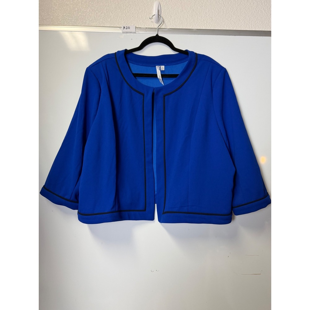 NY Collection Woman Royal Blue Open Front Cropped Jacket Black Piping 22W
